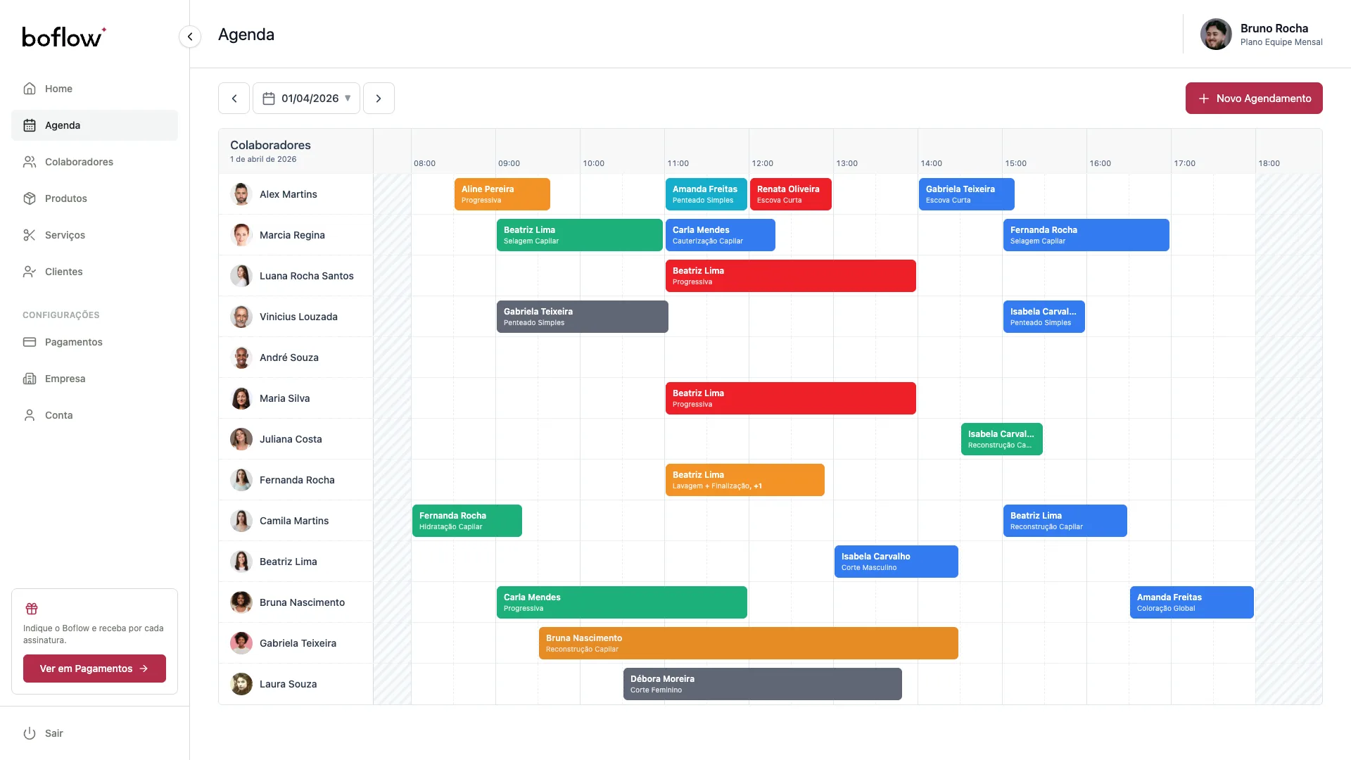 Agenda e painel de gestão do Boflow no computador